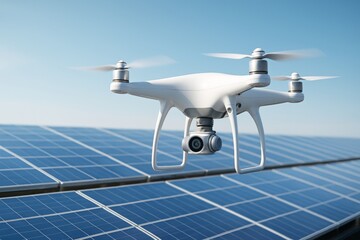 White quadcopter drone flying above solar panels on a sunny day with blue sky background, showcasing clean energy and modern technology use. Ai generative