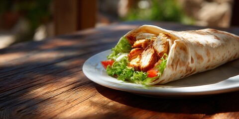 Delicious Chicken Wrap with Fresh Vegetables on a Rustic Wooden Table