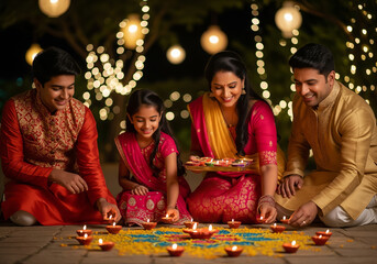 Celebrating diwali : Indian family celebrating the Diwali festival together, lighting clay lamps (diyas) on a colorful Rangoli at night.