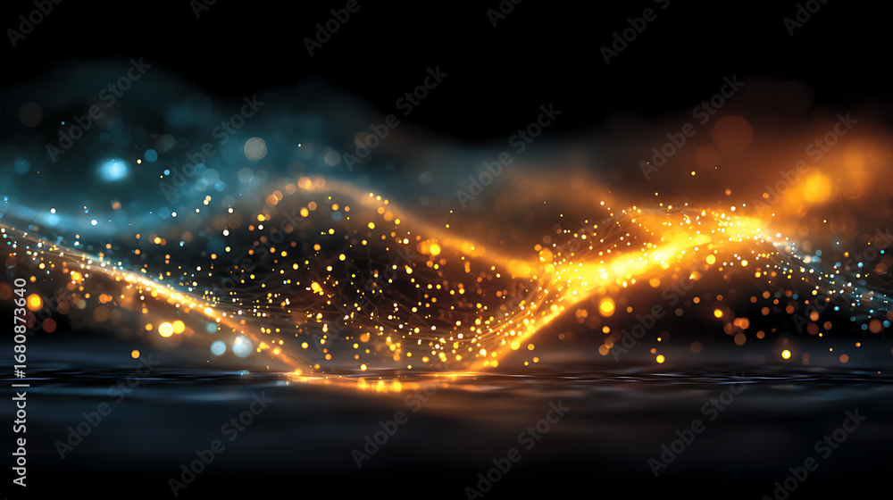 Poster Abstract depiction of glowing particles and waves in a dark setting