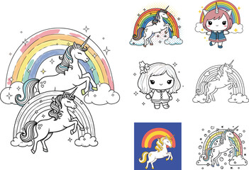 Cute Unicorns with Rainbow, Kawaii Fantasy Clipart for Kids, Magical Cartoon Vector Art, Fairytale Character Illustration for Creative Design Projects