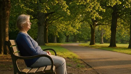 An elderly woman sits on a bench in the park on a sunny day.