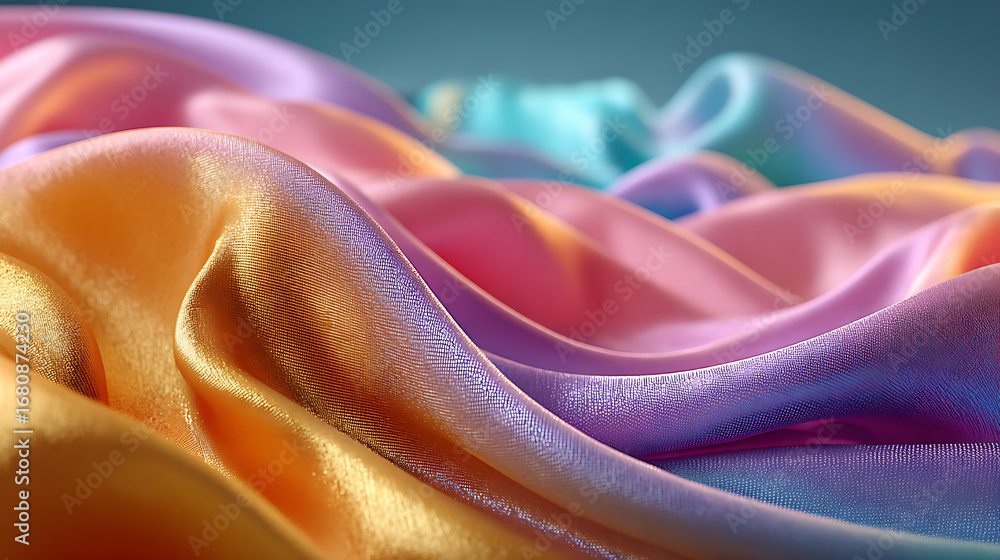 Poster colorful metallic fabric flowing over a gradient background in artistic display