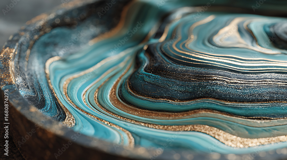 Poster fluid patterns of teal and silver create a mesmerizing visual effect