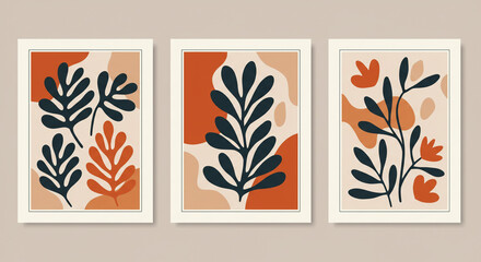 Three framed botanical art prints with abstract shapes in earth tones displayed together on a wall