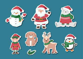 Set of Christmas characters isolated on blue. Santa Claus, elf, snowman, white bear, dog, penguin, deer. Vector flat cliparts.