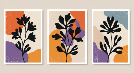 Three framed botanical art prints with abstract shapes in orange purple and beige color palette