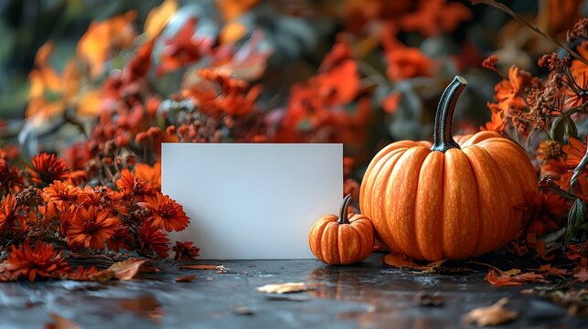 Blank white card next to two vibrant orange pumpkins and autumn flowers set against a blurred background of fall foliage perfect for a seasonal - Powered by Adobe