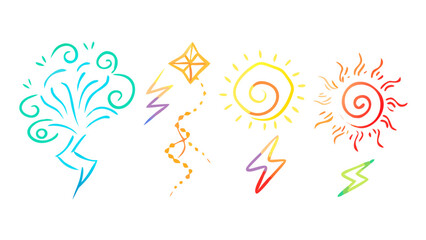 Sun lightning bolts swirls and kites vector