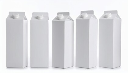 Four identical white liquid cartons with screw caps, aligned upright on a white background