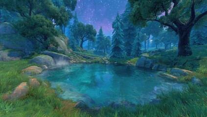 Misty forest pool at twilight