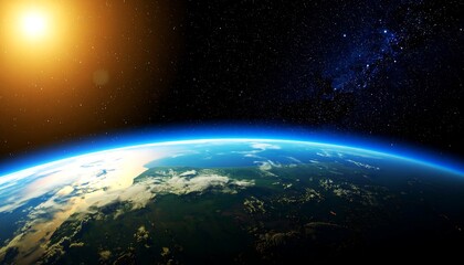 Earth's Curve: A Stunning View from Space with Sunlit Clouds and Starry Backdrop