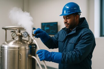 Technician in safety gear operating liquid nitrogen tank with vapor release in laboratory environment on light industrial background. Ai generative