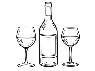 Wine Bottle and Glass Line Sketch