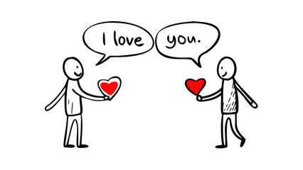 Two figures sharing red hearts love people