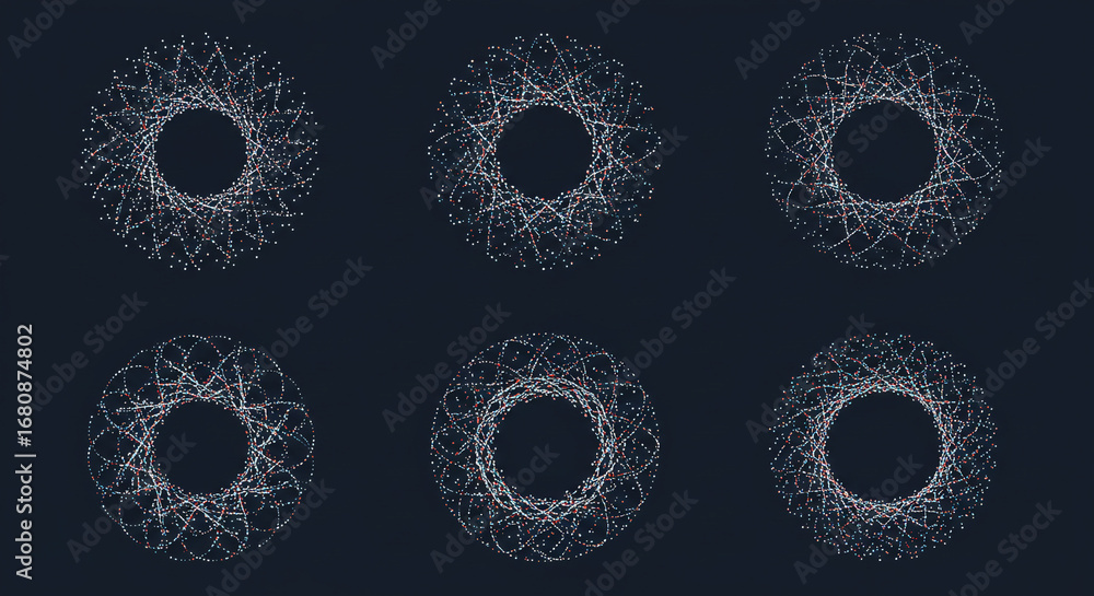 Poster six circular designs made of white dots and lines on a dark background arranged in two rows