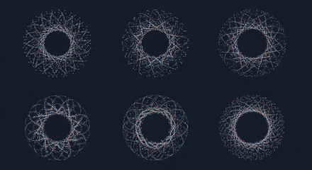 Six circular designs made of white dots and lines on a dark background arranged in two rows