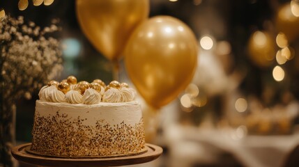 Decorated Cake with Golden Balloons and Bokeh Background