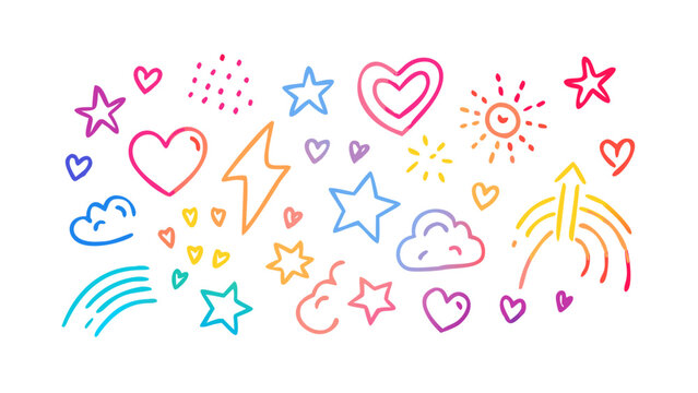 Vibrant doodle icons with hearts and stars clouds lightning bolt