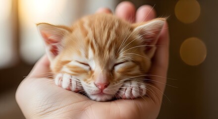 Heartwarming close-up of a newborn-size kitten dozing in cupped hands, symbolizing care, protection, and love. Perfect for veterinary, rescue, and charity messaging.