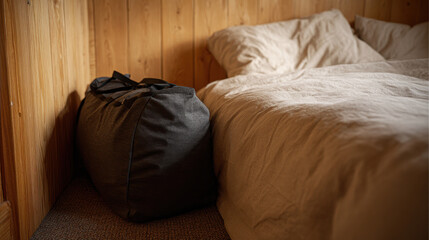 Cozy cabin room with compact bag beside bed