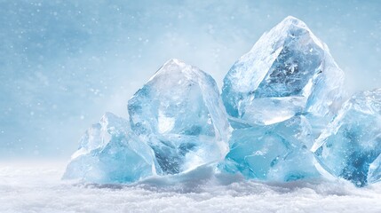 Sparkling ice cubes rest atop a bed of snow, showcasing a breathtaking array of light blue hues.