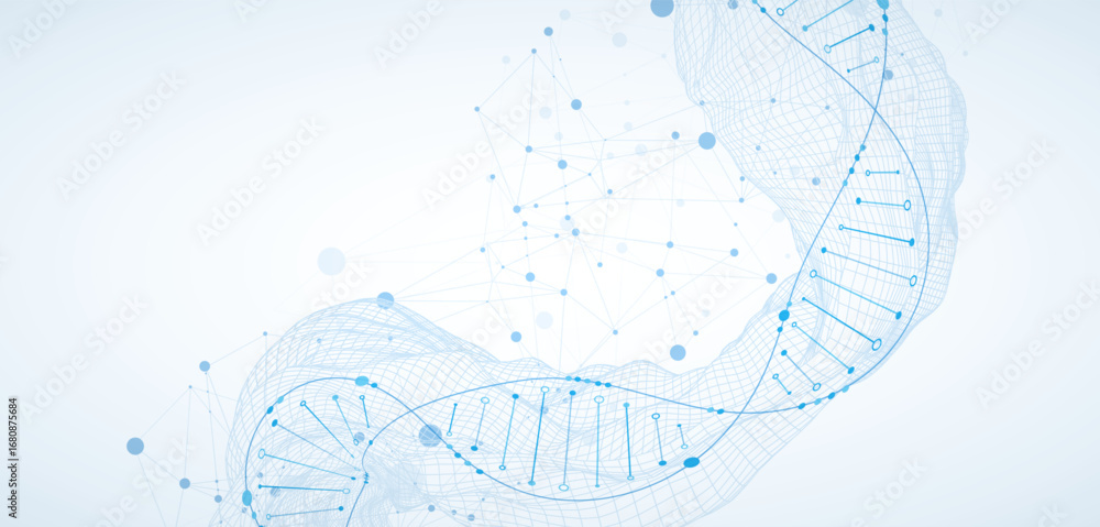 Poster abstract image of dna molecule on wireframe wave. scientific vector background.