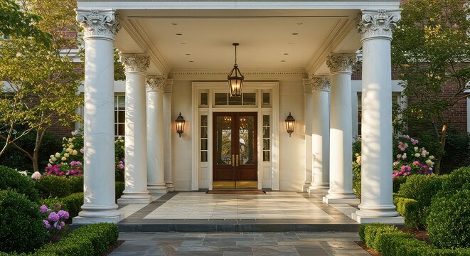 Elegant classical mansion entrance with grand columns, blooming flowers, and inviting double doors bathed in warm golden hour sunlight