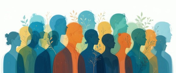 Abstract mental health illustration featuring diverse human silhouettes, brains and nature elements. Symbolizes awareness, support, growth, and wellbeing. Ideal for psychology, self-care, and wellness