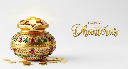 "Happy Dhanteras Golden Pot with Jewels and Coins"