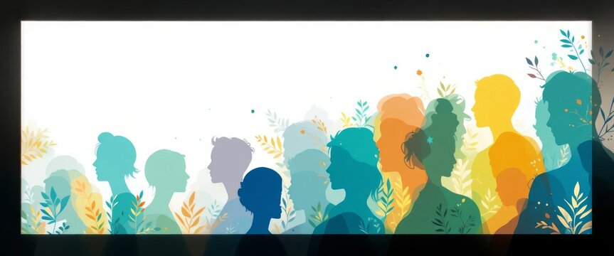 Abstract mental health illustration featuring diverse human silhouettes, brains and nature elements. Symbolizes awareness, support, growth, and wellbeing. Ideal for psychology, self-care, and wellness