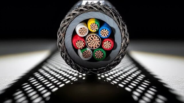 Close-up cross-section of a multi-conductor armored industrial cable, revealing colorful copper wires and casting a dramatic shadow.