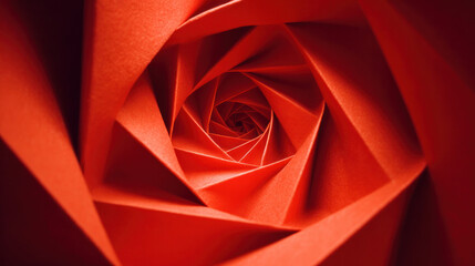A close-up view of a red origami spiral showcasing intricate geometric patterns and folded paper details.