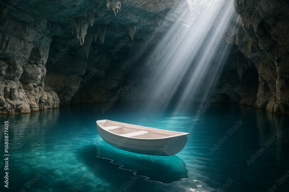 Poster peaceful white boat floating on turquoise water inside a cave with sunrays streaming from above, cre