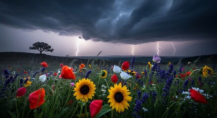 Colorful Flowers Under a Stormy Sky.