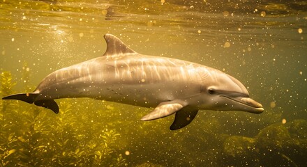 Fototapeta premium A dolphin swims gracefully through the clear, warm waters, surrounded by lush seaweed, a beautiful marine mammal in its natural habitat