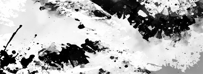 Minimalist black and white grunge texture background with subtle grain, rough brush strokes, abstract ink splashes, vintage film dust, distressed paint stains, and modern artistic border frame