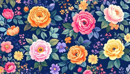 Vibrant floral pattern showcases a delightful arrangement of colorful roses and blossoms on a navy background.