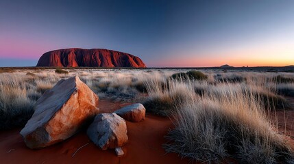 Outback sunset paints the desert landscape with monolithic rock and tall grass