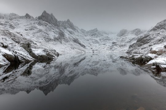 Snowy mountains reflected in a calm lake - Powered by Adobe