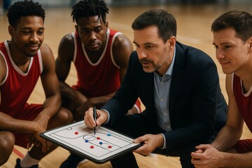 Basketball coach strategizing with players using a tactics board during a timeout on indoor court with light wooden background in creative focus. Ai generative