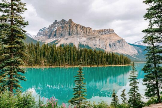 Majestic mountain range reflected in a vibrant turquoise lake, surrounded by towering evergreen trees