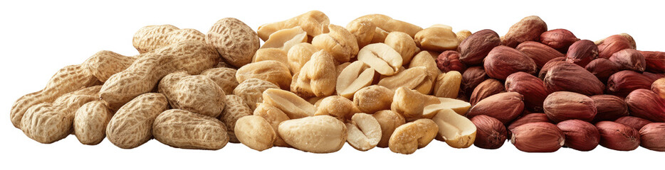 Three piles of nuts; light brown peanuts, light tan peanuts, and dark reddish-brown peanuts