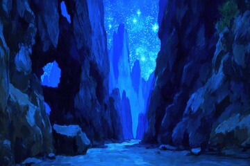 Dark blue canyon, starry night sky
