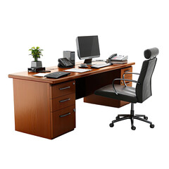 Office desk with computer, phone, and chair.  A wooden desk with a monitor, phone, and office chair