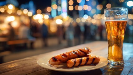 A plate of grilled sausages next to a glass of beer. The background features a festive atmosphere with blurred lights, typical of Oktoberfest in Bavaria, Germany.