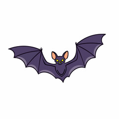 Fototapeta premium A classic cartoon illustration of a spooky purple bat with glowing yellow eyes, flying with wings spread wide. Isolated vector graphic symbol for Halloween