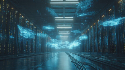 Next-gen high-tech data center with glowing cables and dynamic holographic interfaces, visualizing real-time analytics and the movement of big data streams.