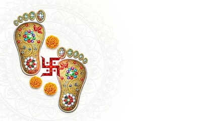 "Lakshmi Charan Paduka Rangoli with Flowers and Diamonds for Dhanteras Diwali",