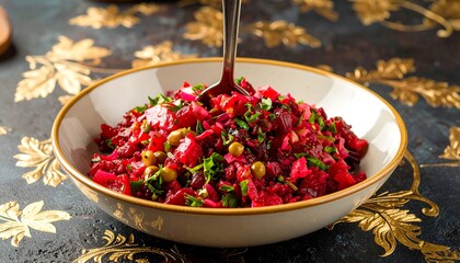 A vibrant bowl of beetroot salad, featuring diced beetroot, peas, and herbs, garnished with a metallic spoon.
